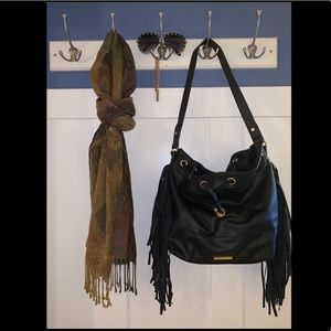 Black faux leather shoulder purse with fringe